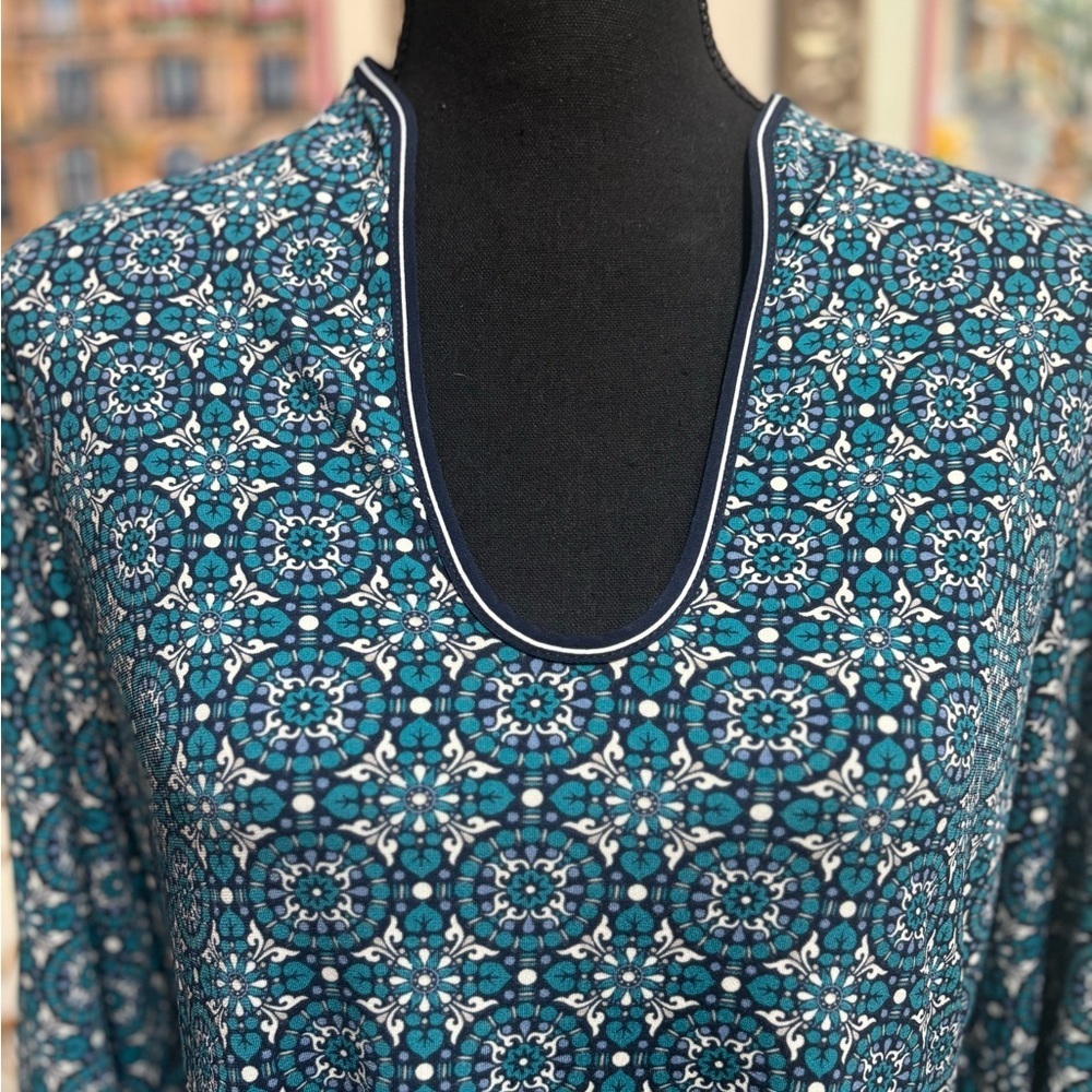 MAX STUDIO SCOOP NECK DRESS BLUE & WHITE GEOMETRIC PATTERN RUFFLE SLEEVE SZ L - Picture 3 of 9
